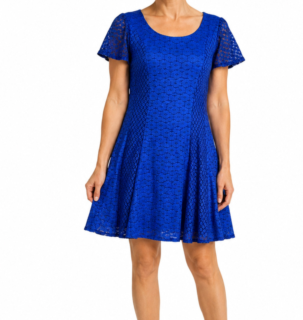 Danny & Nicole Dress Womens Size 14P Blue Lace Short Sleeve Back Zip Skater NWT